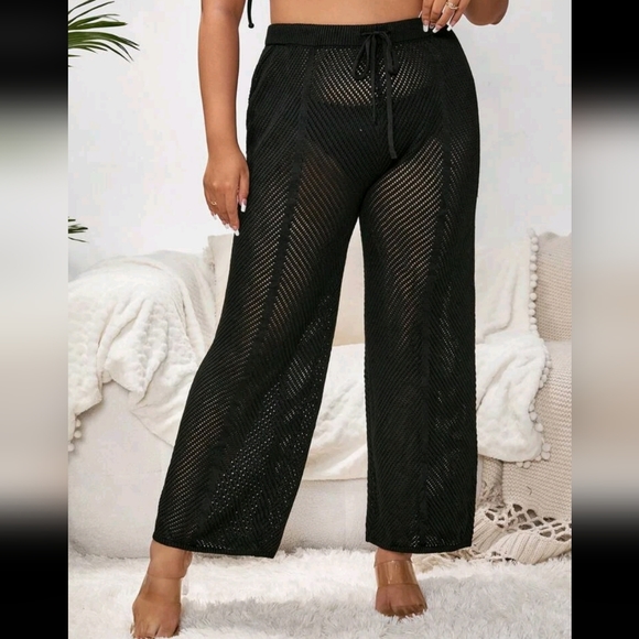 Black Hollow Knit Swimsuit Cover Up Pants - Picture 5 of 10